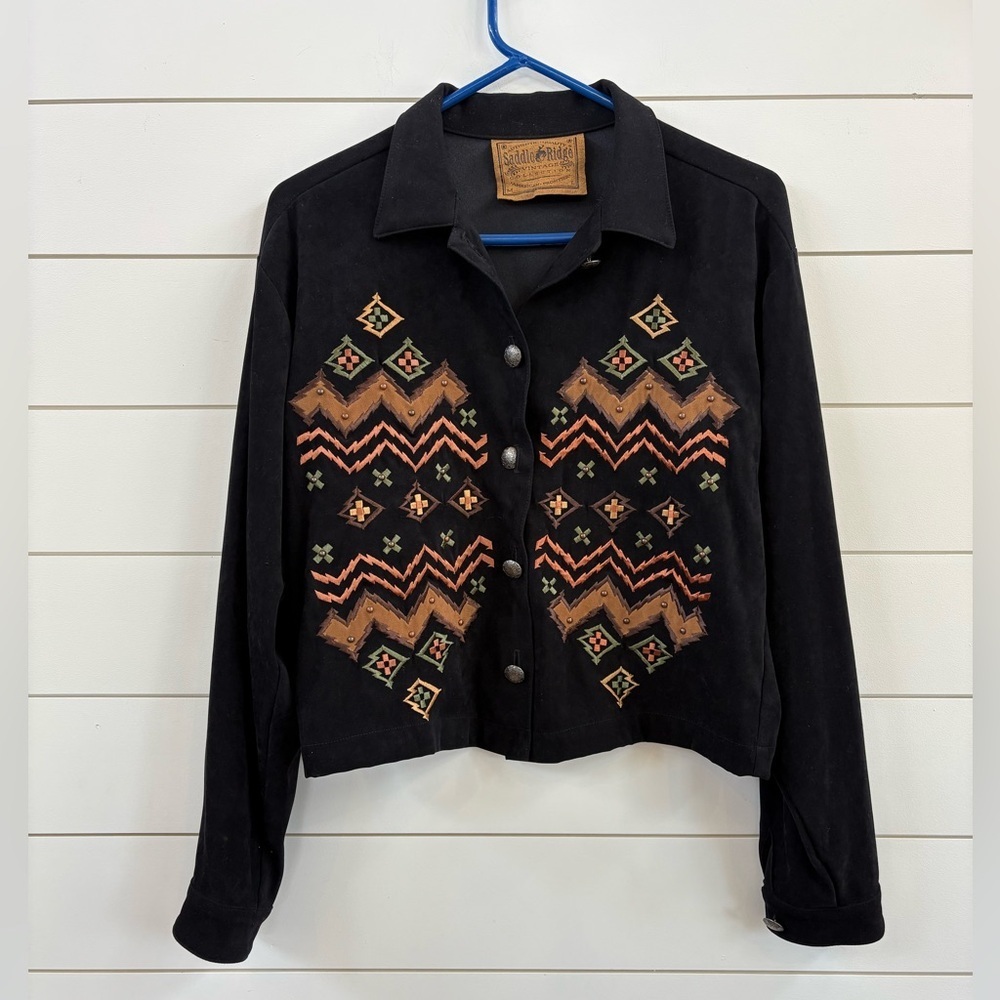 Vintage Black Suede Jacket with Embroidered Patterns